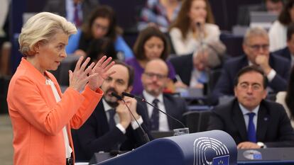La presidenta de la Comisión Europea, Ursula von der Leyen, durante su discurso sobre el estado de la Unión, este miércoles en Estrasburgo.