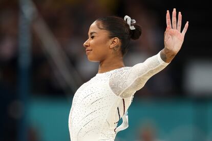 La gimnasta de EEUU, Jordan Chiles, durante el ejercicio en suelo que le aupó a la tercera posición final.