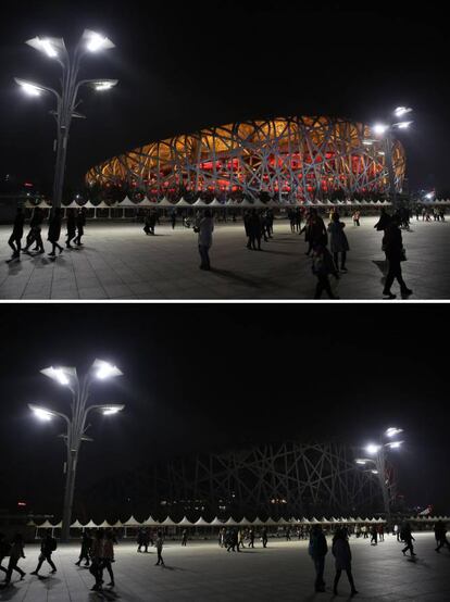 Este combo muestra el Estadio Nacional (Nido de Pájaro) antes y durante la Hora del Planeta en Pekín, China.