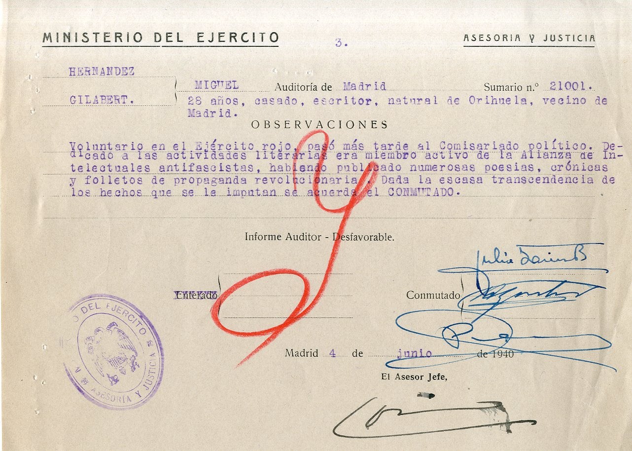 Documento del 4 de junio de 1940, reproduicido en la biografía, del Ministerio del Ejército / Ministerio de Defensa. Archivo General Militar de Ávila.