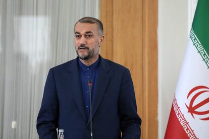 Iranian Foreign Minister Hossein Amirabdollahian speaks in a joint press briefing with his Qatari counterpart Sheikh Mohammed bin Abdulrahman Al Thani, in Tehran, Iran, Sunday, Jan. 29, 2023.