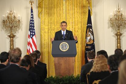 El presidente Barack Obama se dirige a los periodistas durante la conferencia de prensa en la Casa Blanca.