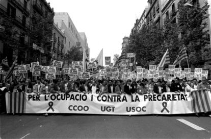 Cabecera de la manifestación del Primero de Mayo en Barcelona, en 1996.