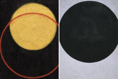 <i>Círculo negro </i><b>(1923)</b> <b>de </b>Malévich; a la izquierda, <i>Esfera de color y círculo</i> <b>(1918)</b> de Rodchenko.