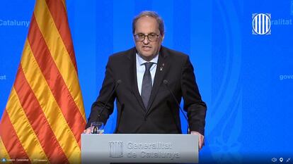 Rueda de prensa telemática del presidente de la Generalitat, Quim Torra, sobre el coronavirus, este domingo.
