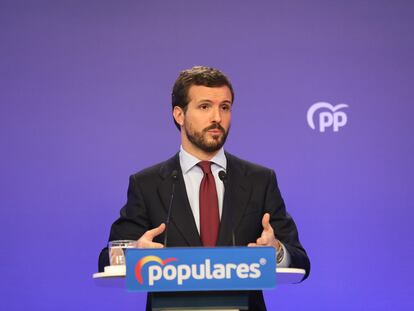 El presidente del PP, Pablo Casado, este lunes durante una rueda de prensa.