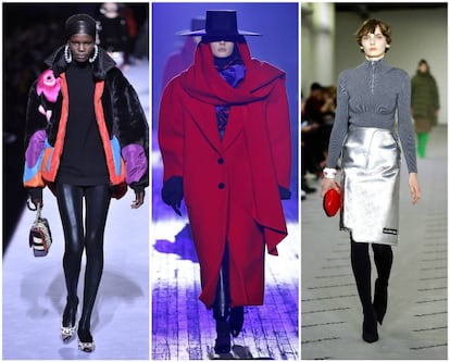 De izquierda a derecha, propuestas con guiños ochenteros de la colección otoño-invierno 2018 de Tom Ford, Marc Jacobs y Balenciaga, respectivamente.