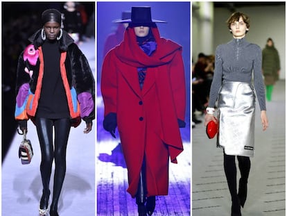 De izquierda a derecha, propuestas con guiños ochenteros de la colección otoño-invierno 2018 de Tom Ford, Marc Jacobs y Balenciaga, respectivamente.