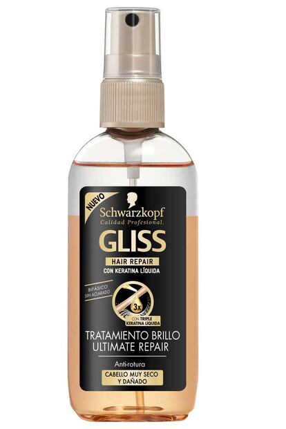 Hay maneras de reparar el cabello dañado que no tienen precios desorbitados. El Tratamiento de Brillo Bi-fásico Gliss Ultimate Repair de Schwarzkopf evita la rotura y repara los daños (sin aclarado, además) por un precio de 7,49 euros.