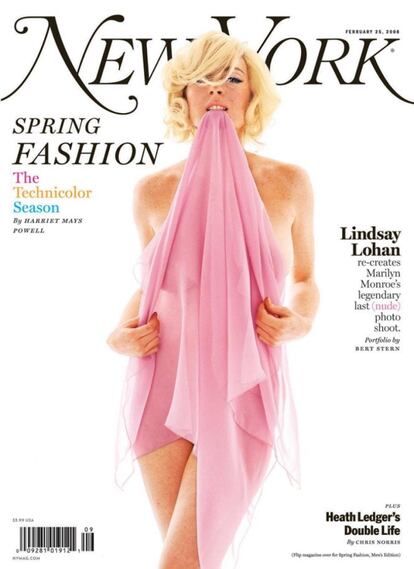 La actriz Lindsay Lohan, en la portada de ‘New York Magazine’ del 25 de febrero de 2008. En la primera página de la revista, la intérprete recreaba con esta foto la última sesión que hizo Marilyn Monroe antes de morir en agosto de 1962.