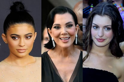 Desde la izda., Kylie Jenner en 2016, antes de disolverse parte del relleno de sus labios porque, según Atlanta, “una vez que el look con el que se han hecho famosas y que las ha beneficiado es adoptado por las masas, deben distanciarse”; Kris Jenner, que presume de nuevo rostro tras someterse a un lifting que podría costar unos 255.000 euros; y Anne Hathaway en la alfombra roja en 2001: “Si miramos esas fotos con los estándares actuales, casi se ven desaliñadas. El pelo no es perfecto, el maquillaje no es de efecto filtro, etc.”.