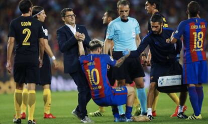 Messi, en el momento de su lesión ante el Atlético.