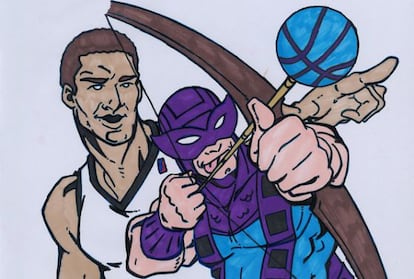 Dibujo de Brook López con su autorretrato y un personaje de 'Los Vengadores'.