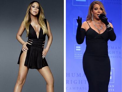 La cantante Mariah Carey, en la portada de su nuevo disco y (a la derecha) el pasado mes de marzo.