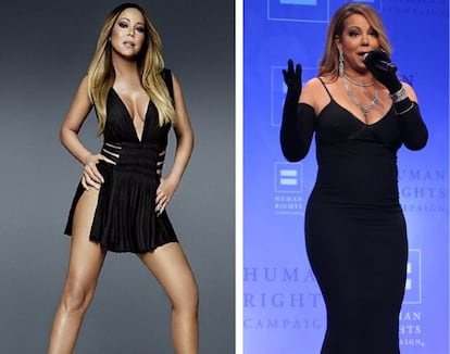 A cantora Mariah Carey na capa de seu novo disco e (à direita) no mês passado.