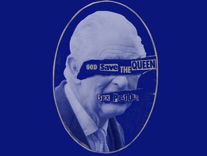 Charles III in an image that superimposes his face onto the controversial cover of the Sex Pistols’ single 'God Save the Queen'. The cover typifies the long shadow cast by Elizabeth II, whose iconic status the new king will have to live up to.