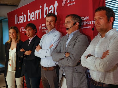 El candidato a la presidencia del Athletic, Jon Uriarte en la presentación este martes de su propuesta de proyecto deportivo para el club.