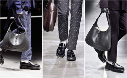 Tres de las propuestas presentadas por Sabato De Sarno en la semana de la moda de Milán en su primera colección de hombre para Gucci.