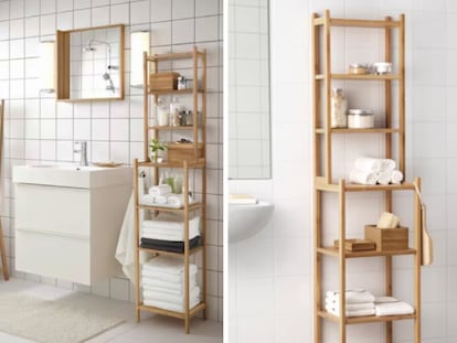 Fabricada en bambú, esta estantería es resistente y bonita para colocar en el baño. IKEA.