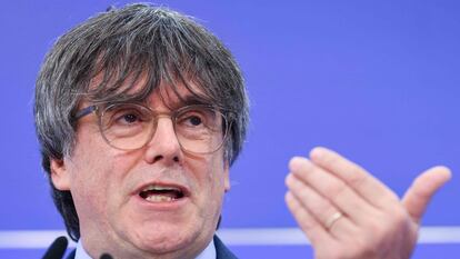 Puigdemont, el 5 de julio en una rueda de prensa en Bruselas después de que el Tribunal General de la Unión Europea le retirase la inmunidad como europarlamentario.