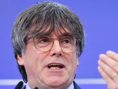 Puigdemont, el 5 de julio en una rueda de prensa en Bruselas después de que el Tribunal General de la Unión Europea le retirase la inmunidad como europarlamentario.