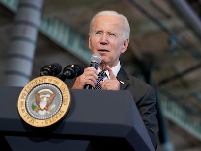 El presidente de Estados Unidos, Joe Biden, durante un discurso este lunes en Boston.