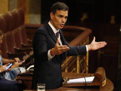 El presidente del Gobierno, Pedro Sánchez, durante su intervención en el pleno del Congreso de los Diputados.