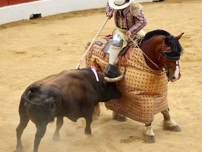 Un toro de Baltasar Ibán empuja en el tercio de varas.