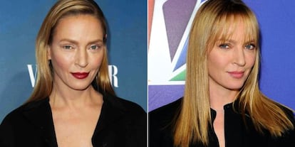 Uma Thurman después de su cirugía (izquierda) y antes de operarse.