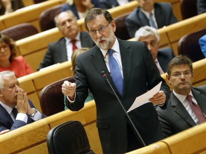 El presidente del Gobierno, Mariano Rajoy, durante su intervenci&oacute;n en la sesi&oacute;n de control al Gobierno esta tarde en el Senado. EFE/Javier Liz&oacute;n