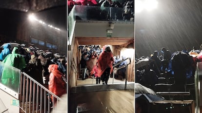 Decenas de personas en distintas zonas de las gradas del parque Puy Du Fou (Toledo), durante la representación del espectáculo nocturno el domingo, en tres fotos cedidas por los asistentes.