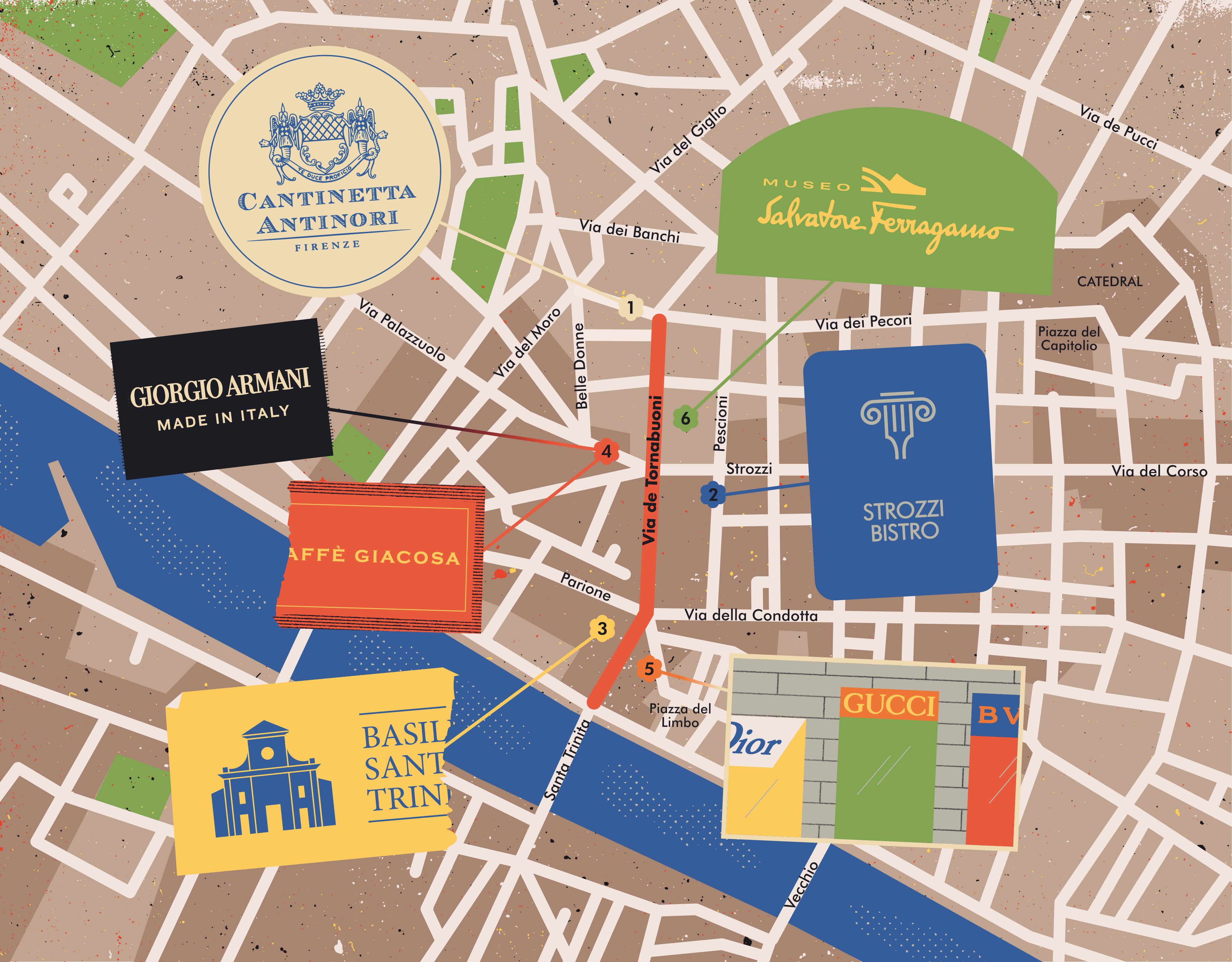 Ilustración de la vía de Tornabuoni, en Florencia.