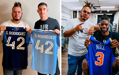En la imagen izquierda con Santiago Rodríguez del New York City F.C. En la imagen derecha con Nerlens Noel de Detroit Pistons.