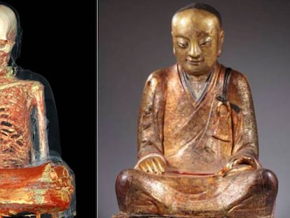 À esquerda, tomografia da escultura do Buda com a múmia dentro. À direita, a imagem externa da figura