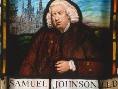Un retrato de Samuel Johnson en una vidriera en Gough Square, Londres.