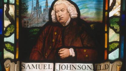 Un retrato de Samuel Johnson en una vidriera en Gough Square, Londres.