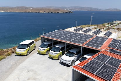 Volkswagen electric vans at a charging point in Astypalea.