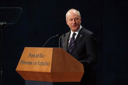 El filosofo estadounidense Michael J. Sandel, Premio Princesa de Asturias de Ciencias Sociales, en su discurso durante la ceremonia de entrega de la 38º edición de los Premios Princesa de Asturias.