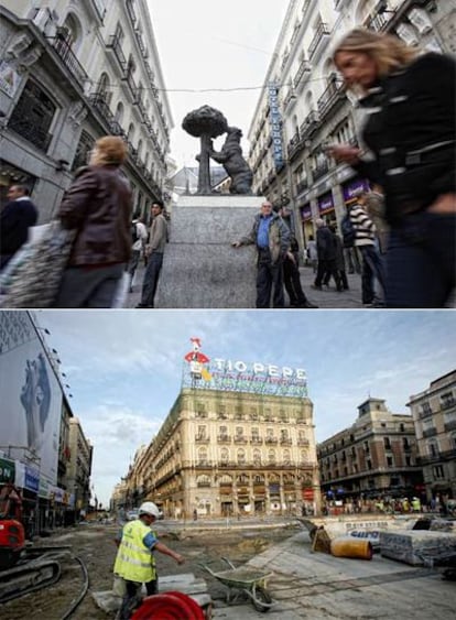 El oso y el madroño en su ubicación en la embocadura de la calle del Carmen. Abajo, fachada del edificio del Tío Pepe donde regresará la estatua.