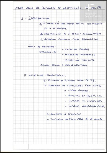 Notas de Felipe González para su discurso de investidura de 1989.