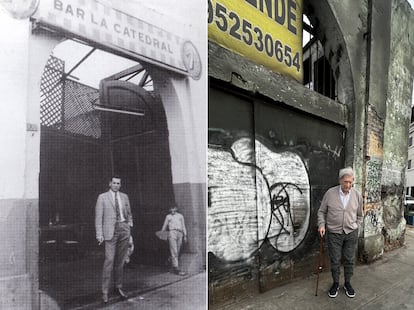 Mario Vargas Llosa a la entrada del bar La Catedral, a finales de la década de los 60 (izquierda); el autor frente al mismo edificio este martes en Lima.