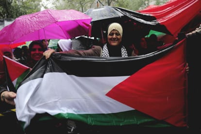 Manifestantes en favor del reconocimiento de Palestina como Estado, en Nueva York.