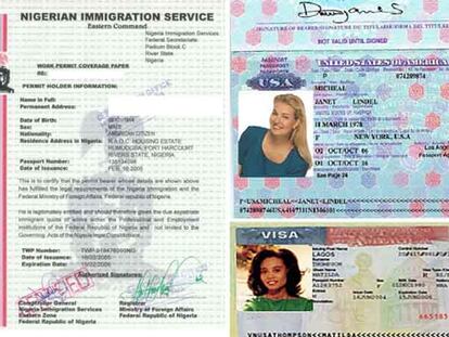 Imagen de uno de los pasaportes falsos utilizados en uno de los timos, y de una de las cartas para un supuesto permiso de trabajo en Nigeria.