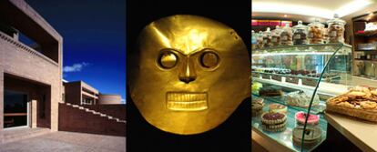 De izquierda a derecha, tres imágenes de Bogotá: la Biblioteca Pública Virgilio Barco (del arquitecto Rogelio Salmona), una máscara de la cultura calima en el Museo del Oro y la pastelería de los hermanos Rausch.
