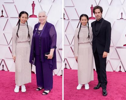 Chloe Zhao, con Charlene Swankie (a la derecha) y con Joshua James Richards (a la izquierda), en los Oscar de 2021.