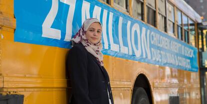 Muzoon Almellehan, embajadora de buena voluntad de Unicef, respaldando la campaña por la educación en Nueva York.