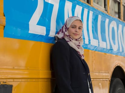 Muzoon Almellehan, embajadora de buena voluntad de Unicef, respaldando la campaña por la educación en Nueva York.