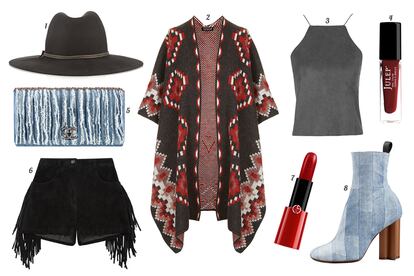 1. Rag & Bone Sombrero de fieltro con cinta de piel. 2. Topshop Poncho estampado. 3. Topshop Top de antelina. 4. Julep Laca de uñas. 5. Chanel Bolso de tejido vaquero con asa de cadena. 6. Asos Shorts de tiro alto de ante con flecos. 7. Giorgio Armani Barra de labios 'Rouge Ecstasy'. 8. Louis Vuitton Botín de tejido vaquero con tacón de piel.