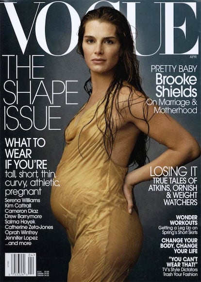 En abril de 2003, la actriz Brooke Shields mostraba su primer gestación en la portada de la revista 'Vogue'. Esta fue la primera vez que una mujer visiblimente embarazada aparecía en la portada de la llamada biblia de la moda.