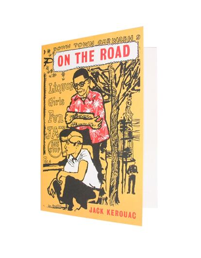 Felicitación con una ilustración de On the road (En el camino, 1951) de Jack Kerouac. También a la venta en Out of print por 3 euros aprox.